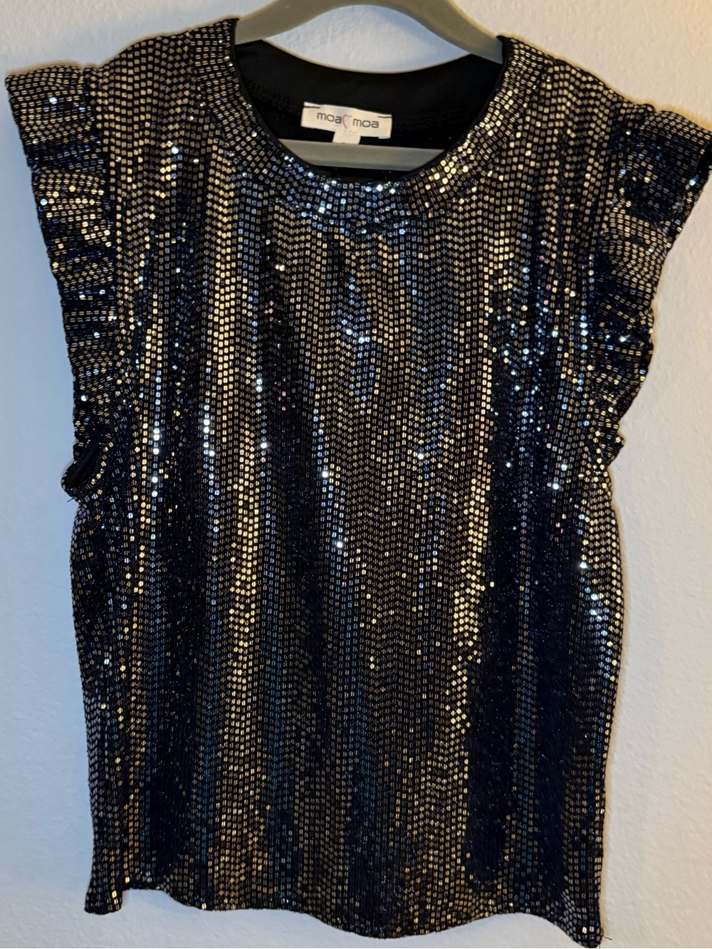 Moa Moa Navy Blue and Silver Metallic Sequin Ruffle Sleeve Top